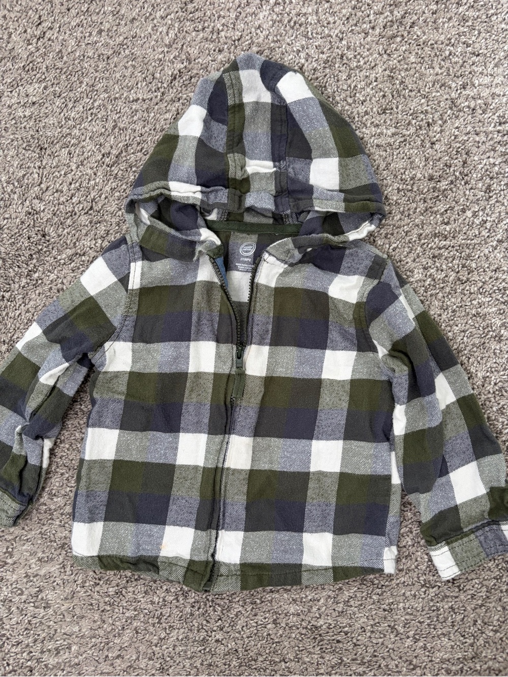 wonder nation Olive, Grey & White Plaid Hooded Zip Jacket